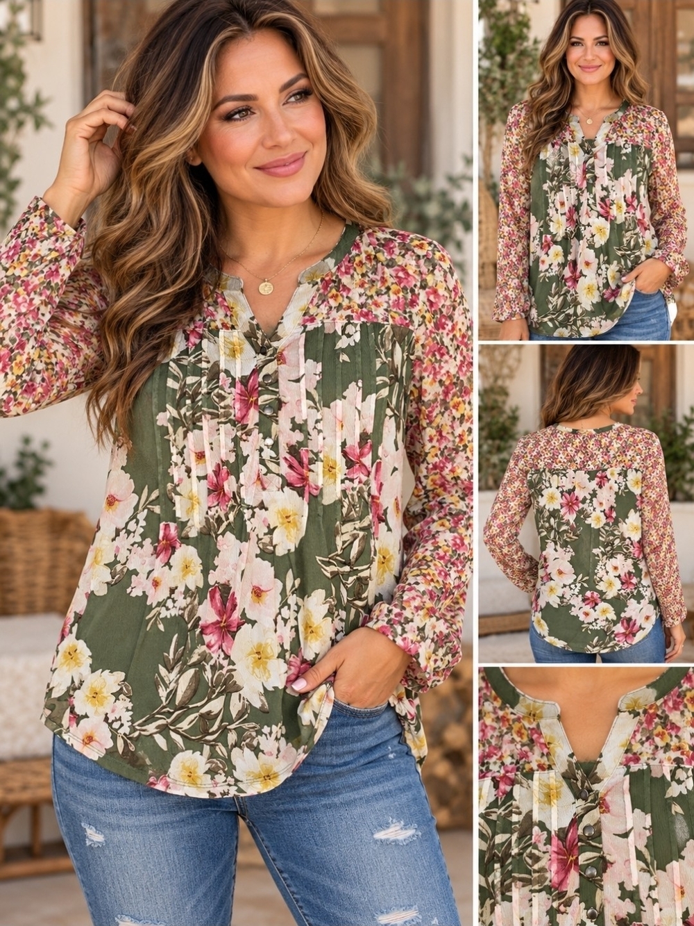 Boho Patchwork Long-Sleeve Blouse - Olive